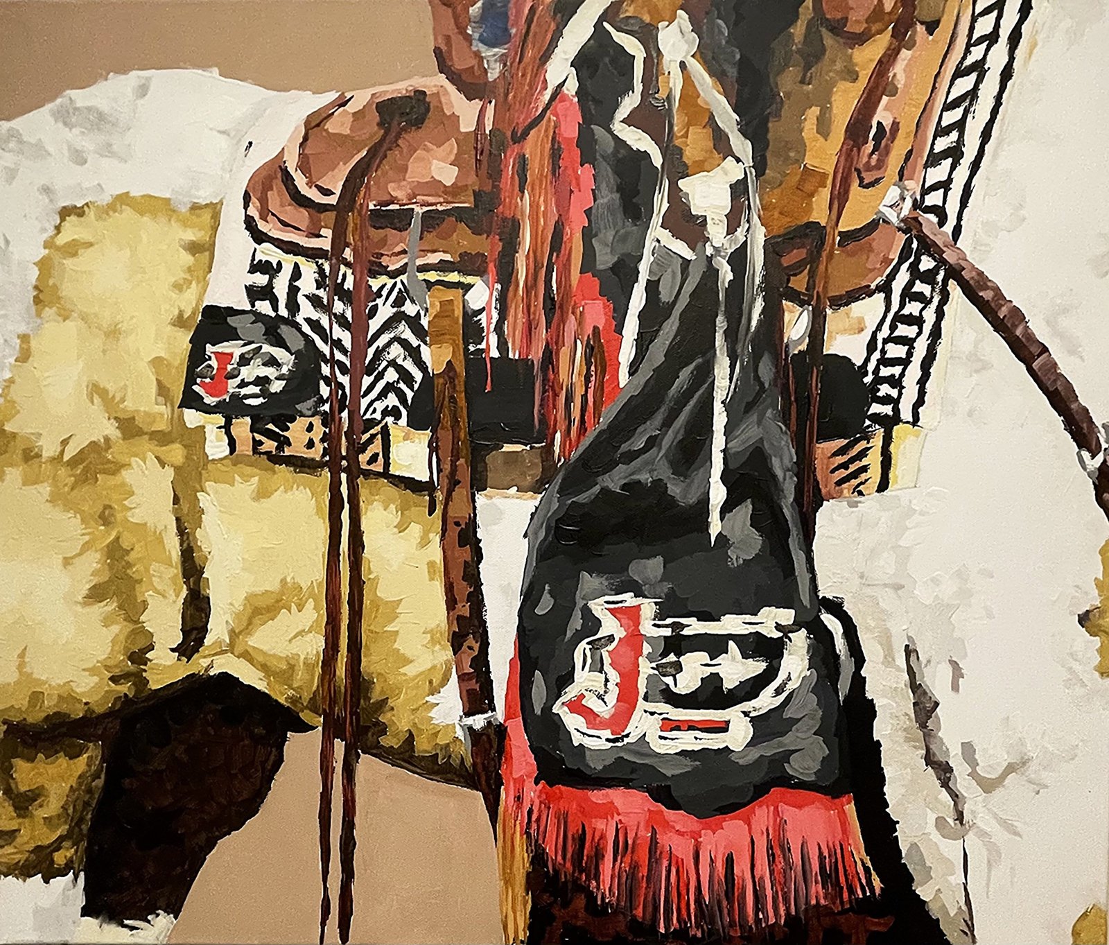 Cowboy standing at his horse's side in a quiet western moment, 24 by 30 inch acrylic painting