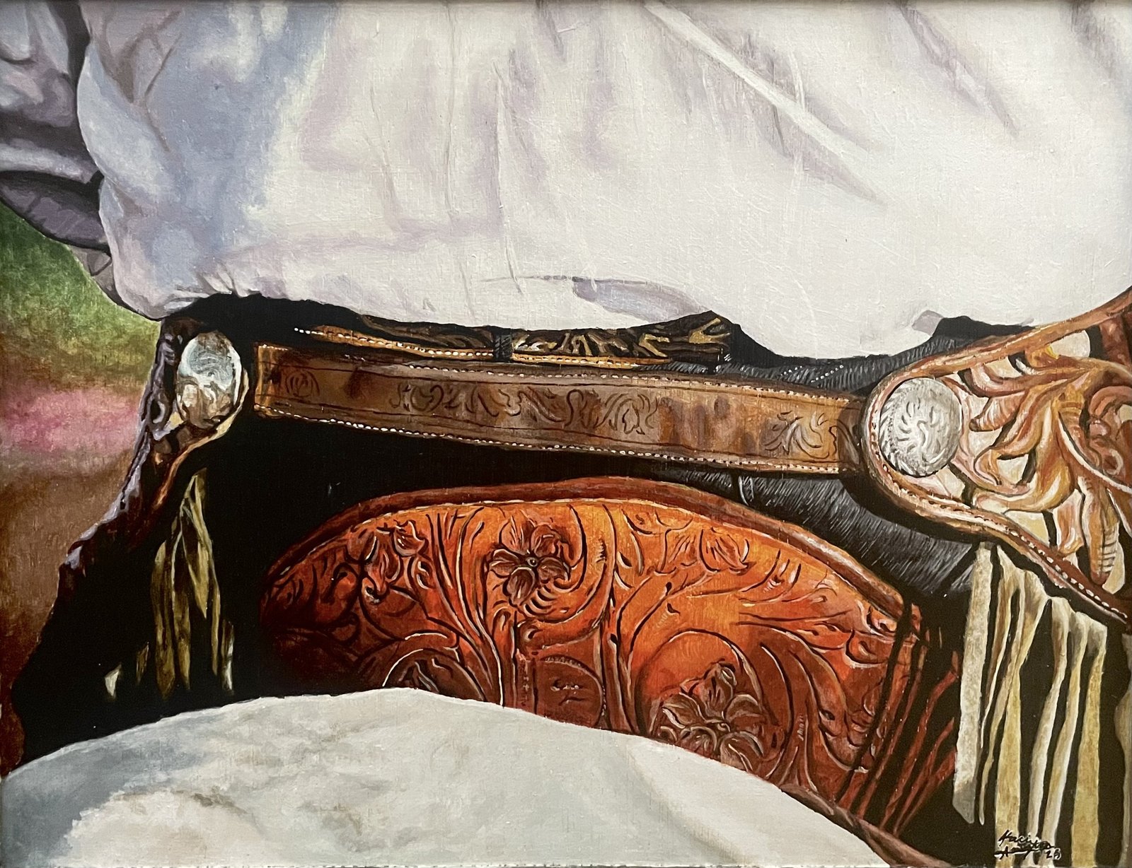 Western saddle with detailed leather tooling and conchos, 24 by 30 inch acrylic on wood painting