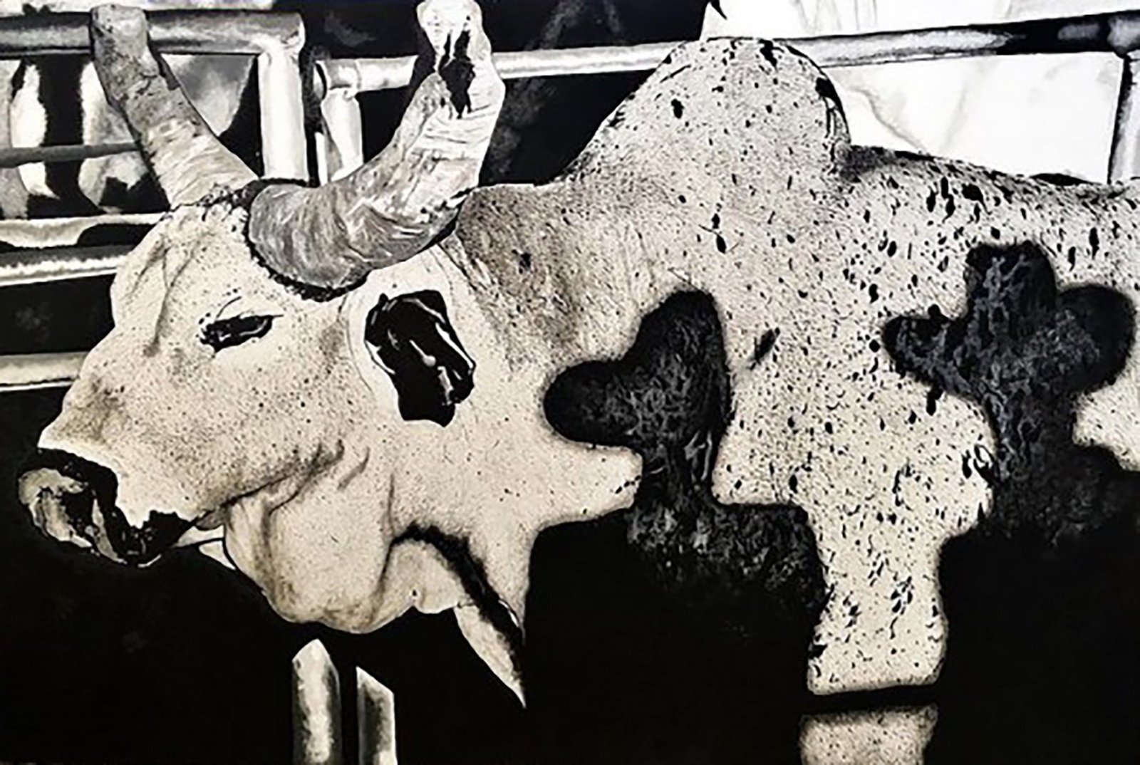 Bull standing in deep shadow against a warm western backdrop, 24 by 30 inch acrylic painting