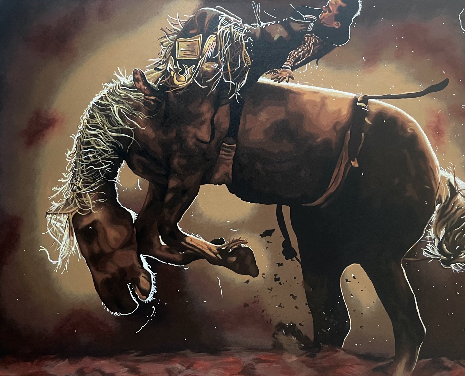 Bareback bronc rider mid-action in arena, 24 by 30 inch acrylic painting