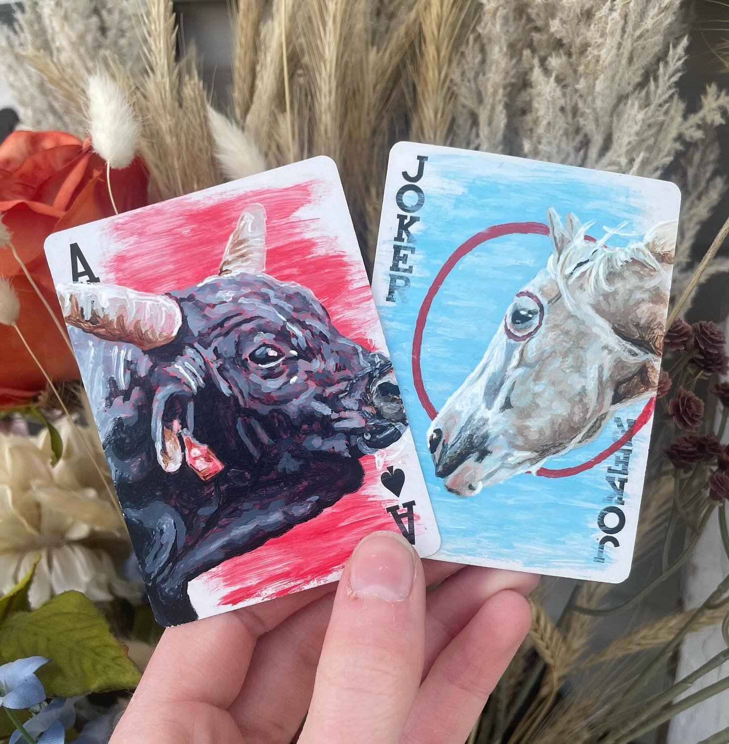 Hand-painted ace and joker playing cards featuring bull and horse portraits, 2.5 by 3.5 inch acrylic paintings