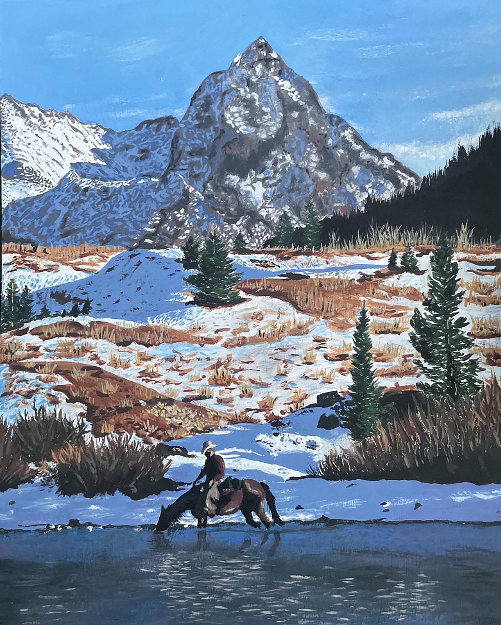 Horse lowering its muzzle to water in a quiet western scene, 24 by 30 inch acrylic painting